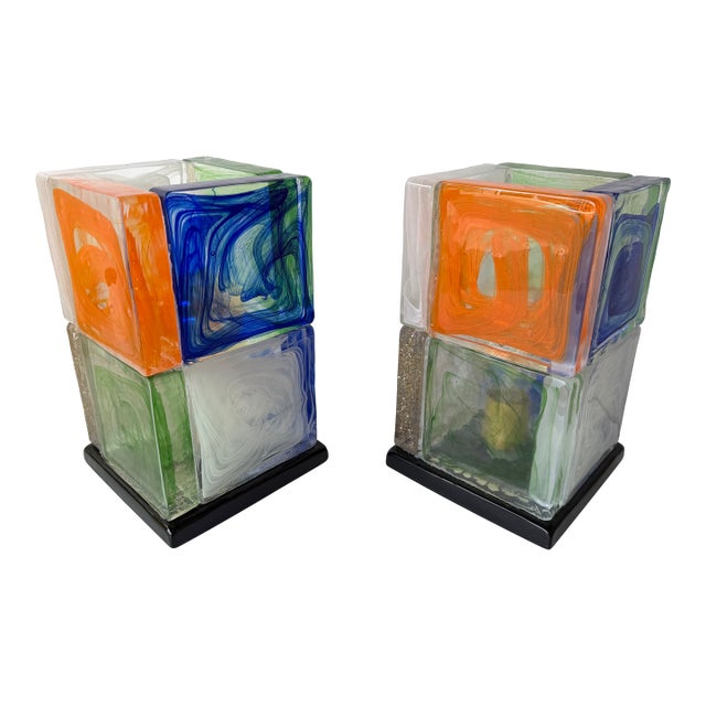 Contemporary Pair of Lamps Cubic Pennellate Murano Glass. Italy For Sale