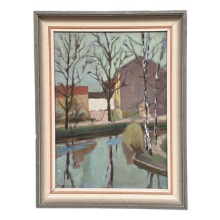 Ingvar Björk, Landscape with Trees & Buildings, 1948, Oil on Canvas, Framed For Sale