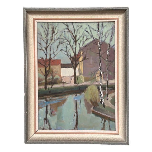 Ingvar Björk, Landscape with Trees & Buildings, 1948, Oil on Canvas, Framed For Sale