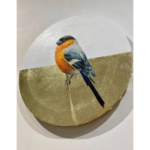 Anastasia Gklava, Eurasian Bullfinch, Orange & Black Bird Composition, Painting with Gold Leaf on Round Canvas, 2025 For Sale - Image 15 of 18