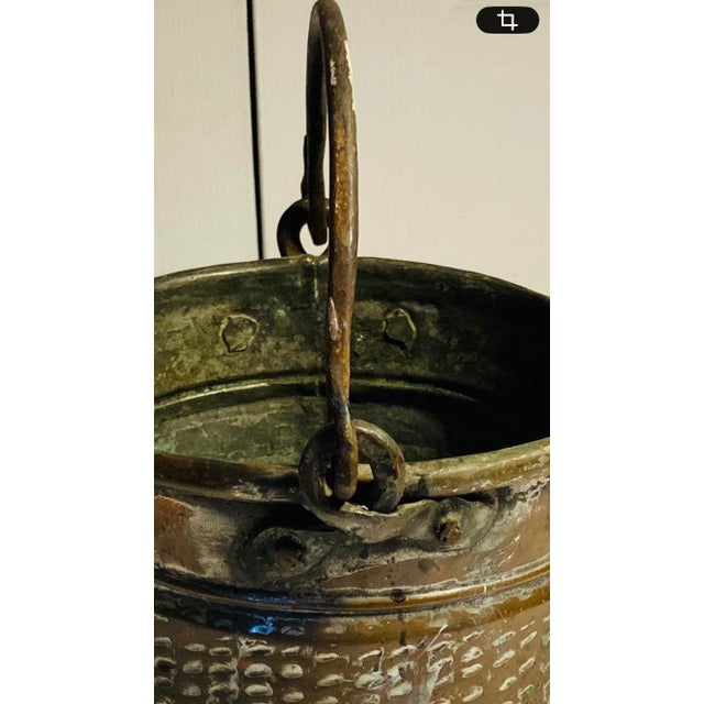 Antique Middle Eastern Copper With Tin Overlay Bucket Elaborate Etched Pattern Solid Iron Loop Handle Ending With Serpent Heads For Sale - Image 12 of 12
