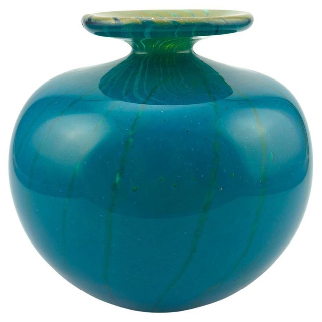 Turquoise Glass Squat Bottle Vase in Ming Pattern, 1979 For Sale - Image 12 of 12