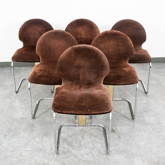 Mid Century Modern Dining Chairs Set 6 Chrome Brass Suede Italy Attributed to Willy Rizzo 70s For Sale - Image 4 of 11