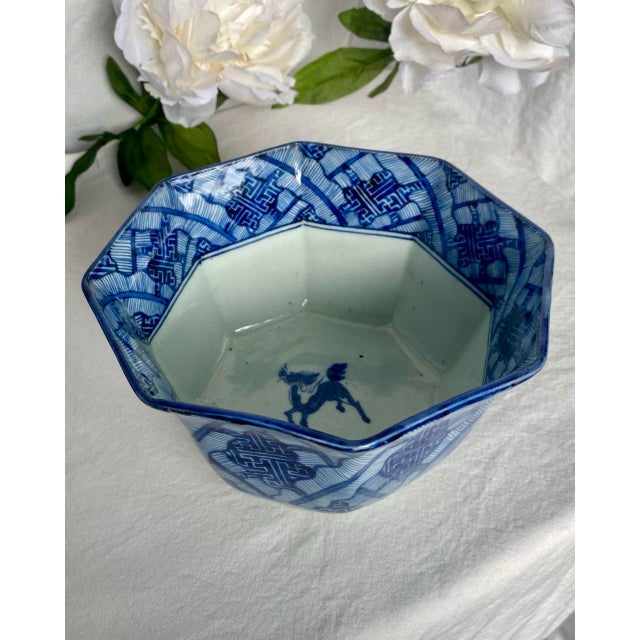 Chinese Blue & White Octagonal Porcelain Bowl With Qilin – Textile Pattern – 7” – Ming Revival Style For Sale - Image 4 of 11