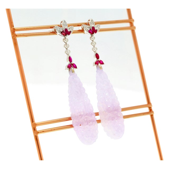2000 - 2009 33 Carat Carved Lavender Jadeite Jade Drop Earrings With Rubies & Diamonds - 2 Pieces For Sale - Image 5 of 6
