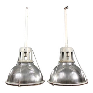 Industrial Holophane Lobay Glass Shade Pendant Light Fixtures - a Pair For Sale