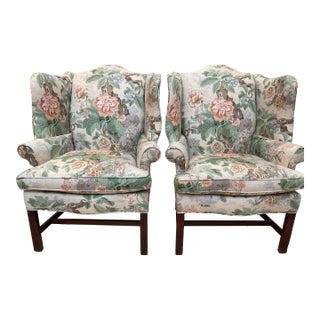 Pair Wing Chairs Newly Upholstered in Lee Jofa Chinese Lantern II in Spring For Sale