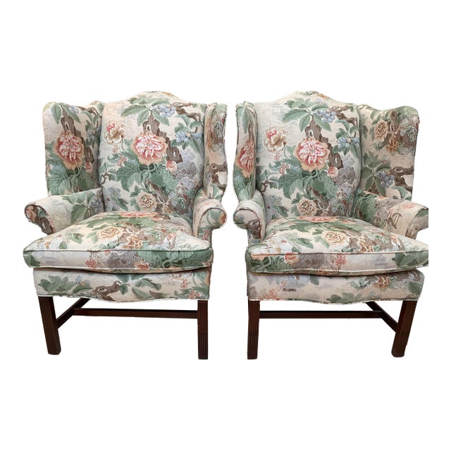 Pair Wing Chairs Newly Upholstered in Lee Jofa Chinese Lantern II in Spring For Sale