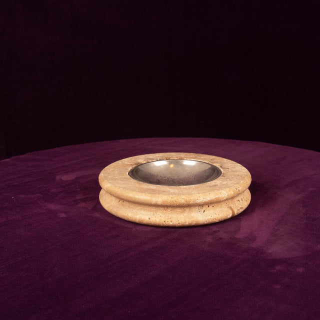 Cream Round Italian Travertine Ashtray with Removable Metal Dish, 1970 For Sale - Image 8 of 12