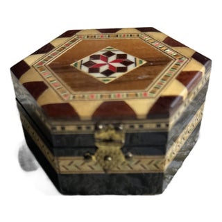 Vintage Hexagonal Wooden Marquetry Jewelry Box For Sale