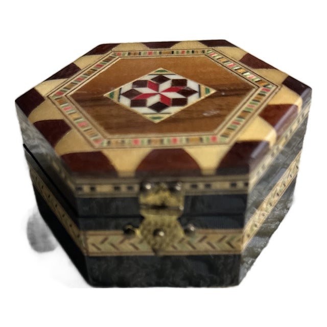 Vintage Hexagonal Wooden Marquetry Jewelry Box For Sale