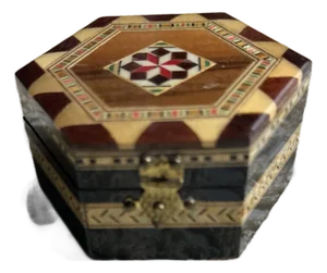 Vintage Hexagonal Wooden Marquetry Jewelry Box