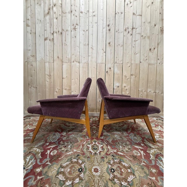 Lounge Chairs in Oak and Velvet, 1950s, Set of 2 For Sale - Image 3 of 7