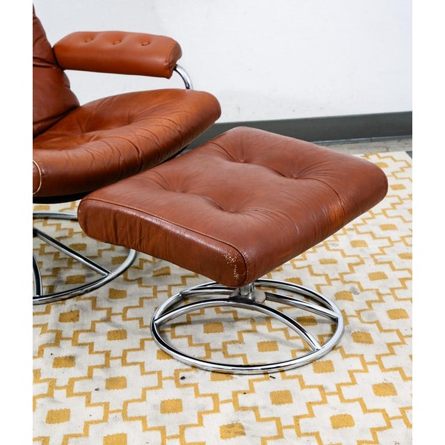 Brown Mid Century Modern Lounge Chair Red Leather Attributed to Ekornes Recliner Norway Chrome Base For Sale - Image 8 of 11