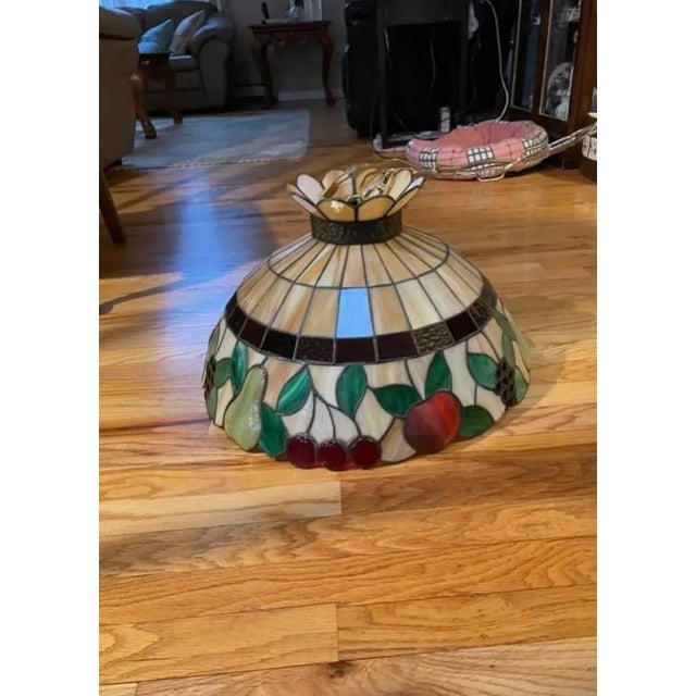 High Quality Vintage Mid Century Stained and Leaded Glass Hanging Light Fixture with Fruit Design in the style of Tiffany....