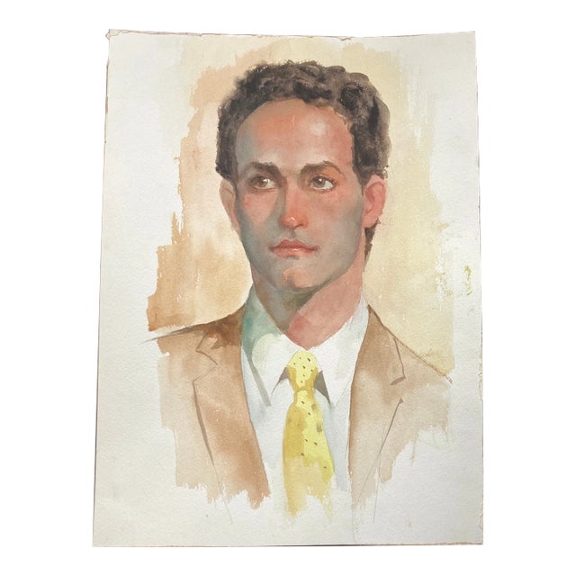 1980’s Original Impressionist Young Male Portrait Watercolor Painting For Sale