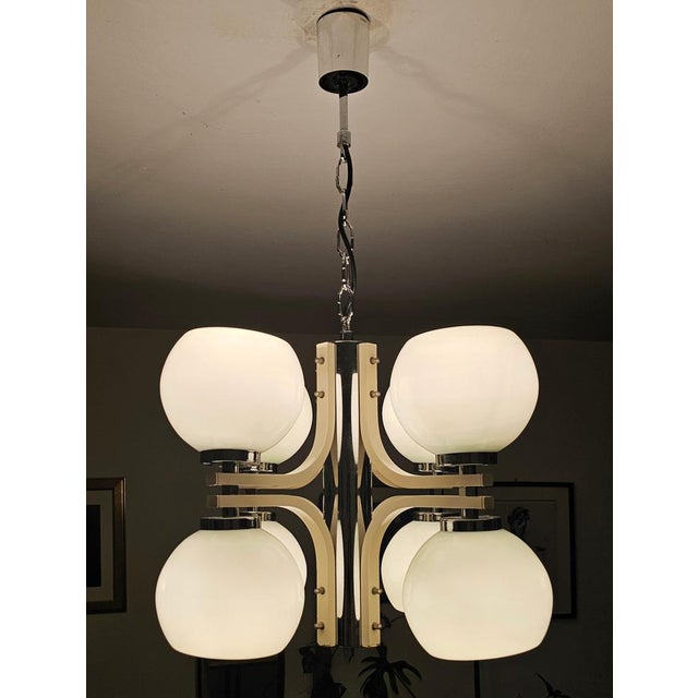 Space Age Eight-Light Chandelier with While Glass Shades, 1970s For Sale - Image 12 of 15