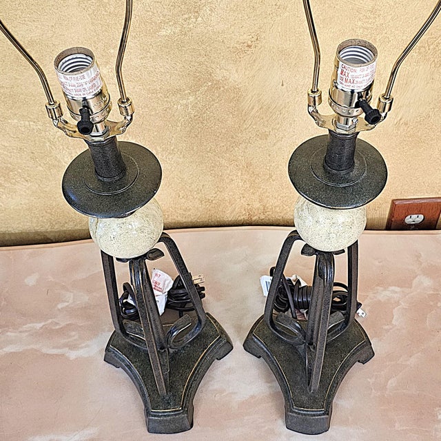 Bronze Pair of Uttermost Wrought Iron & Ceramic Sphere Table Lamps For Sale - Image 8 of 18