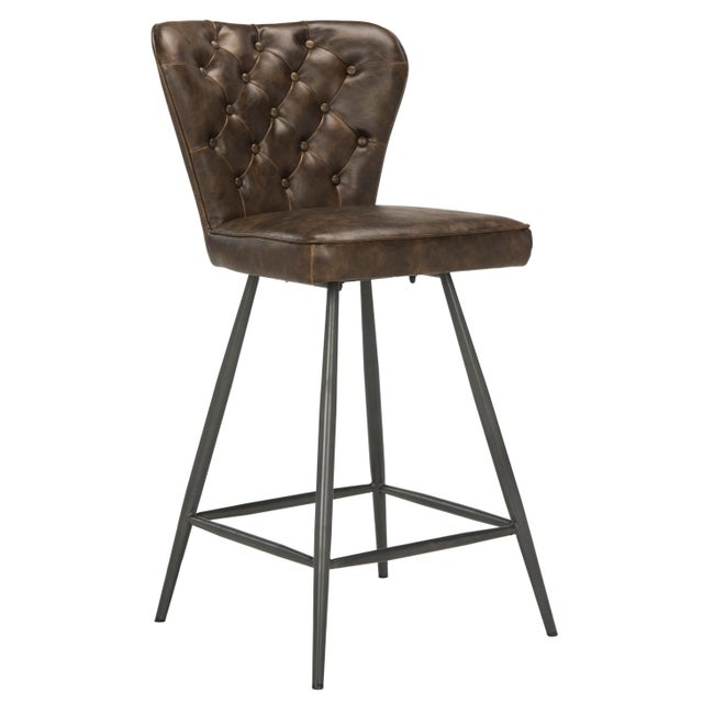 Modern 26"H Mid Modern Leather Tufted Swivel Counter Stool, Brown & Black - a Pair For Sale - Image 3 of 11