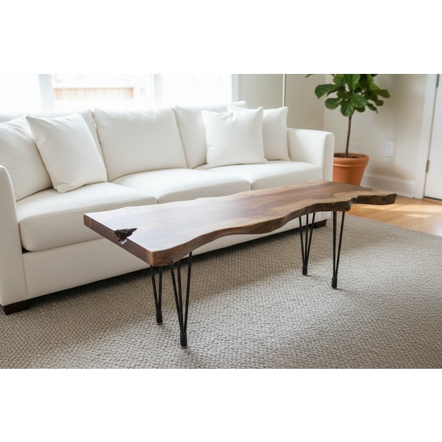 Custom Furniture Builders Handcrafted Live Edge Black Walnut Coffee Table With Hairpin Legs For Sale - Image 4 of 18