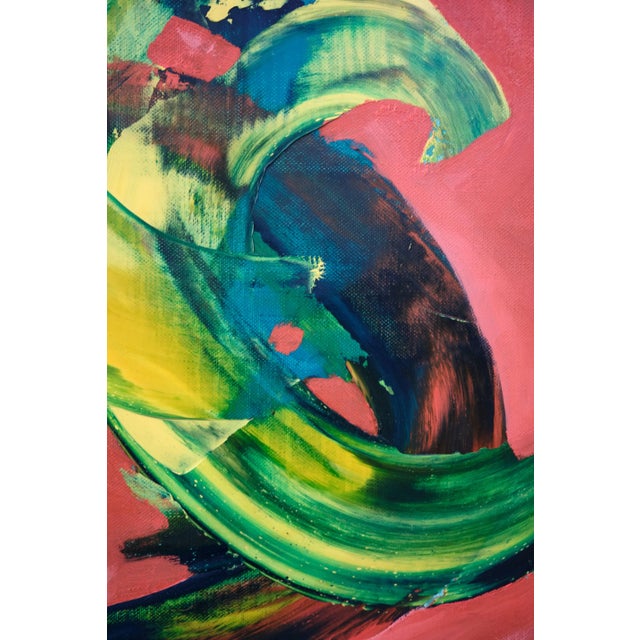 Green and yellow oil paint was pushed around in swirl-like motions with a palette knife. As a final action the green...