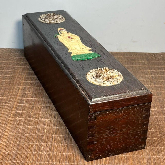 Vintage Ebonized Wood Carved Box | Guan Yin & Dragon Inlay | Chinese Trinket Box For Sale - Image 9 of 9