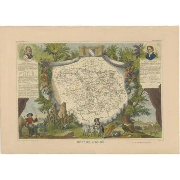 Antique map titled 'Dépt. de l'Aube'. Map of the French department of Aube, France. This area of France is known for its...