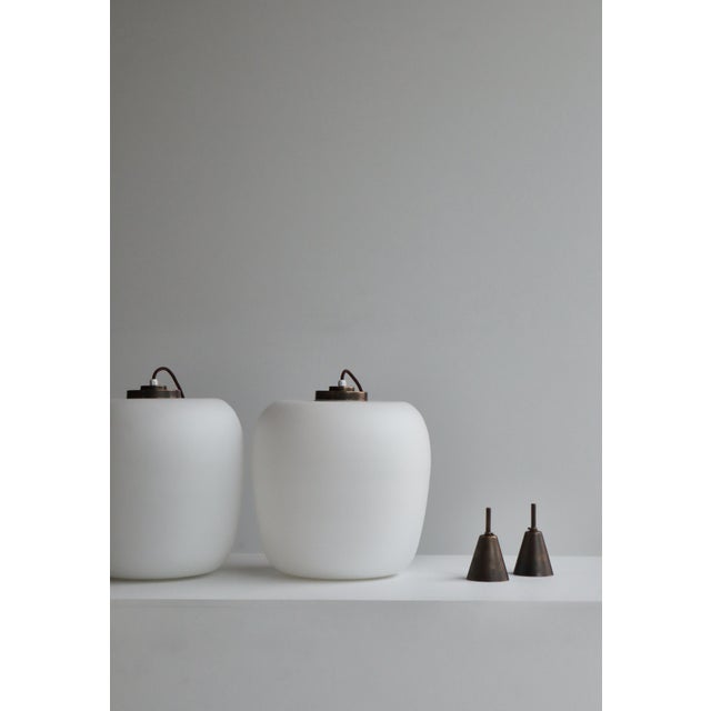 Metal Danish Modern Funkis Pendants in Opal Glass and Brass attributed to Fog & Mørup, 1940s, Set of 2 For Sale - Image 7 of 13