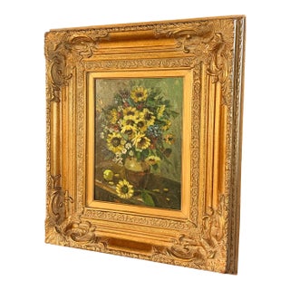Mid 20th Century Framed, Signed Oil on Canvas Painting, Still-Life of Sunflowers For Sale