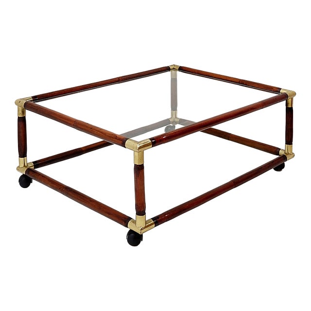 Coffee Table in Bamboo and Brass with Glass Top by Tommaso Barbi, 1960s For Sale