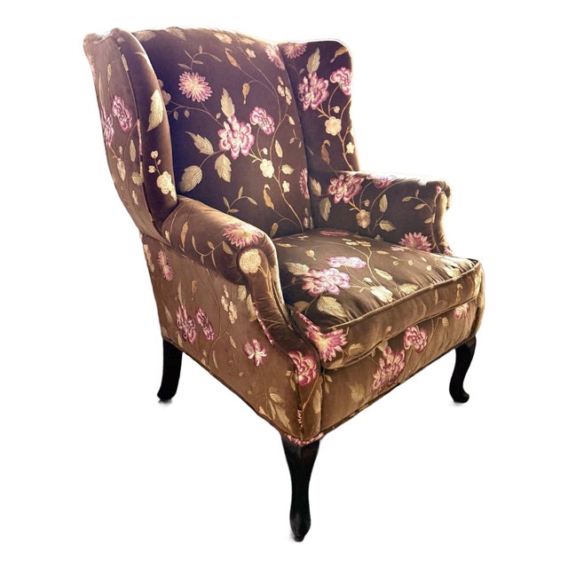 Vintage Custom Traditional English Cottage French Import Floral Velvet Armchair For Sale