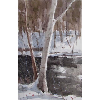 Walk Along the River by Mo Myra | Watercolor on Paper of a river with bare trees in winter. For Sale