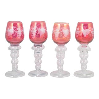 Bohemian Crystal Red Wine Glasses with Flowers and Grapes Motif, 1940s, Set of 4 For Sale