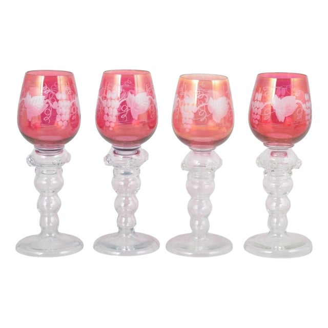 Bohemian Crystal Red Wine Glasses with Flowers and Grapes Motif, 1940s, Set of 4 For Sale