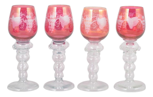 Bohemian Crystal Red Wine Glasses with Flowers and Grapes Motif, 1940s, Set of 4