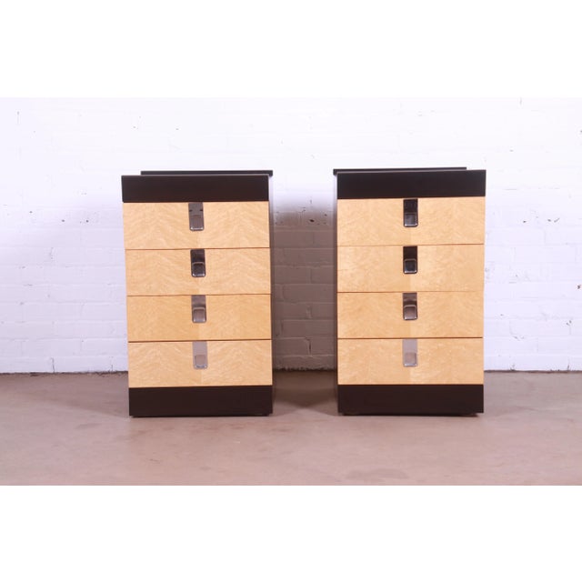 Mid-Century Modern Baker Furniture Mid-Century Modern Birdseye Maple and Ebonized Bedside Chests, Newly Refinished For Sale - Image 3 of 13