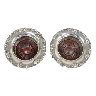 Mid 20th Century English Victorian Silver Plated Grapevine Mahogany Wine Bottle Coasters - a Pair For Sale