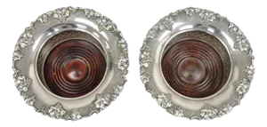 Mid 20th Century English Victorian Silver Plated Grapevine Mahogany Wine Bottle Coasters - a Pair