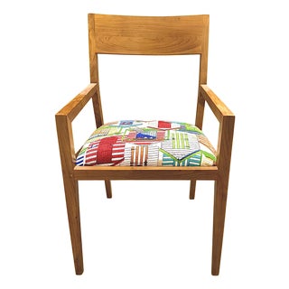Mid Century Modern Teak Arm Chairs, Upholstered Seat, Tapered Legs, Minimalist Design For Sale