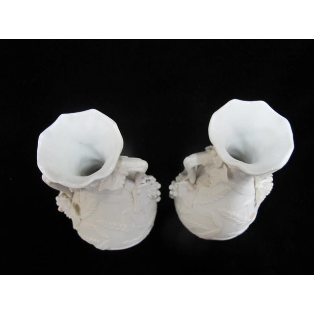 Victorian White Parian Bisque Porcelain Raised Wheat & Grape Pattern Handled Vase Pair For Sale - Image 3 of 11