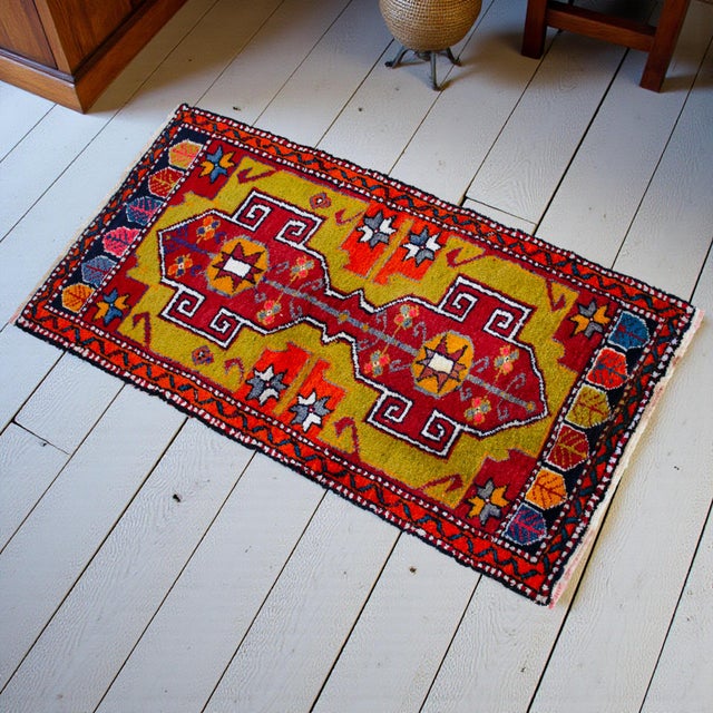 Contemporary Front of Kitchen Sink Rug, Hand Made Bath Mat Colorful Turkish Rug - 1′12″ × 3′8″ For Sale - Image 3 of 14