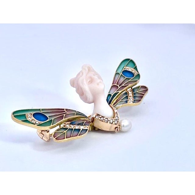 Art Nouveau 1900's Plique a Jour Butterfly With Carved Chalcedony Ladies Head For Sale - Image 3 of 12