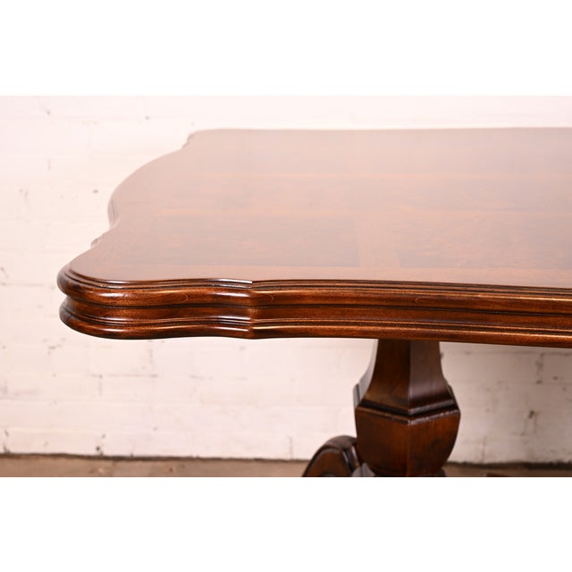 Baker Furniture Style French Regency Walnut and Burl Wood Double Pedestal Extension Dining Table, Newly Refinished For Sale - Image 10 of 14