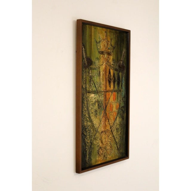 1950s Van Hoople Family Crest Mid Century Modern Textured Painting on Board Framed For Sale - Image 5 of 9