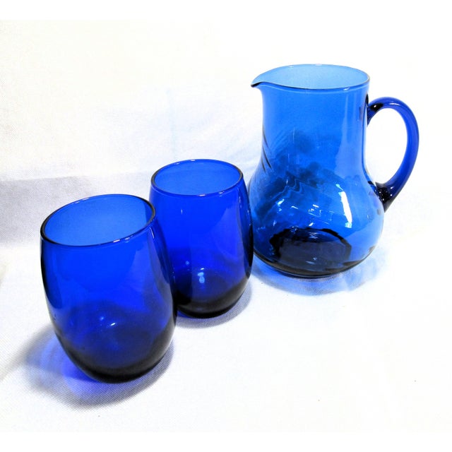 Glass Mid 20th Century Mid Century Modern Cobalt Blue 1 Pitcher + 2 Wine Glasses For Sale - Image 7 of 13