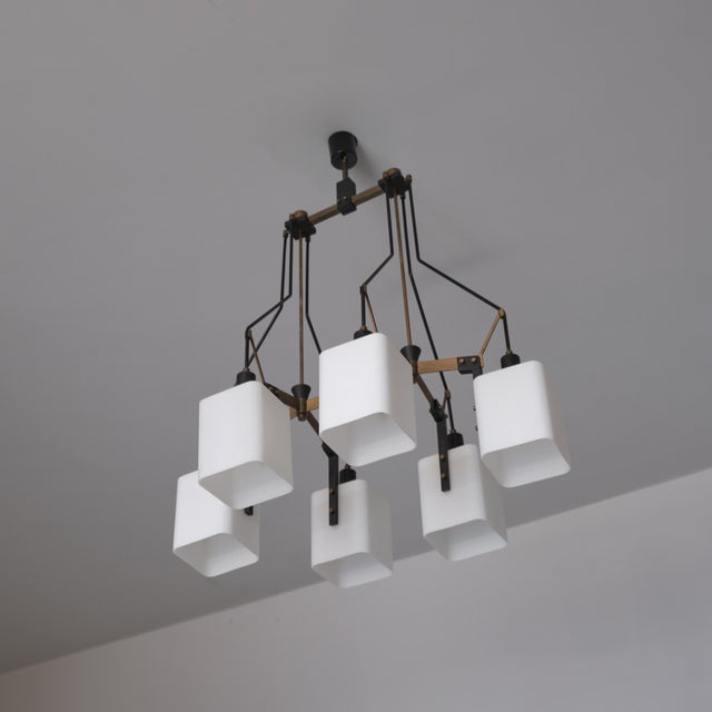 Italian Six-Light Chandelier in Brass, Black Metal and Opaline Glass, 1950s For Sale - Image 16 of 16