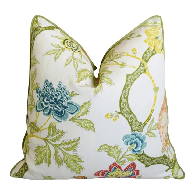 Designer Schumacher Chinoiserie Linen Feather/Down Pillow 22" Square For Sale