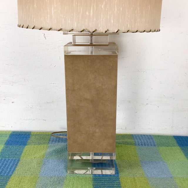 Vintage Modern Table Lamp With Suede-Wrapped Column and Lucite Base For Sale - Image 4 of 12