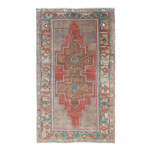 Vintage Turkish Oushak Rug in Warm Terracotta, Olive Brown, and Aqua Blue 4'2 X 7'5 For Sale