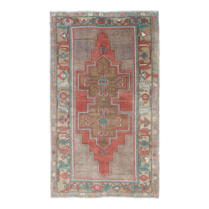 Vintage Turkish Oushak Rug in Warm Terracotta, Olive Brown, and Aqua Blue 4'2 X 7'5
